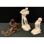 A bronze coloured figure group, Lovers, impressed Crosa; others Greek alabaster Nude etc (3)