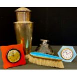 Art Deco enamelled clothes brush, a guilloche enamel hexagonal form clock, c.1930, perfume scent