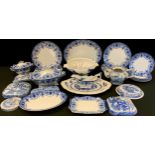 A Victorian flow blue Bryon pattern dinner ware, tureens, ladles, plates; other blue and white