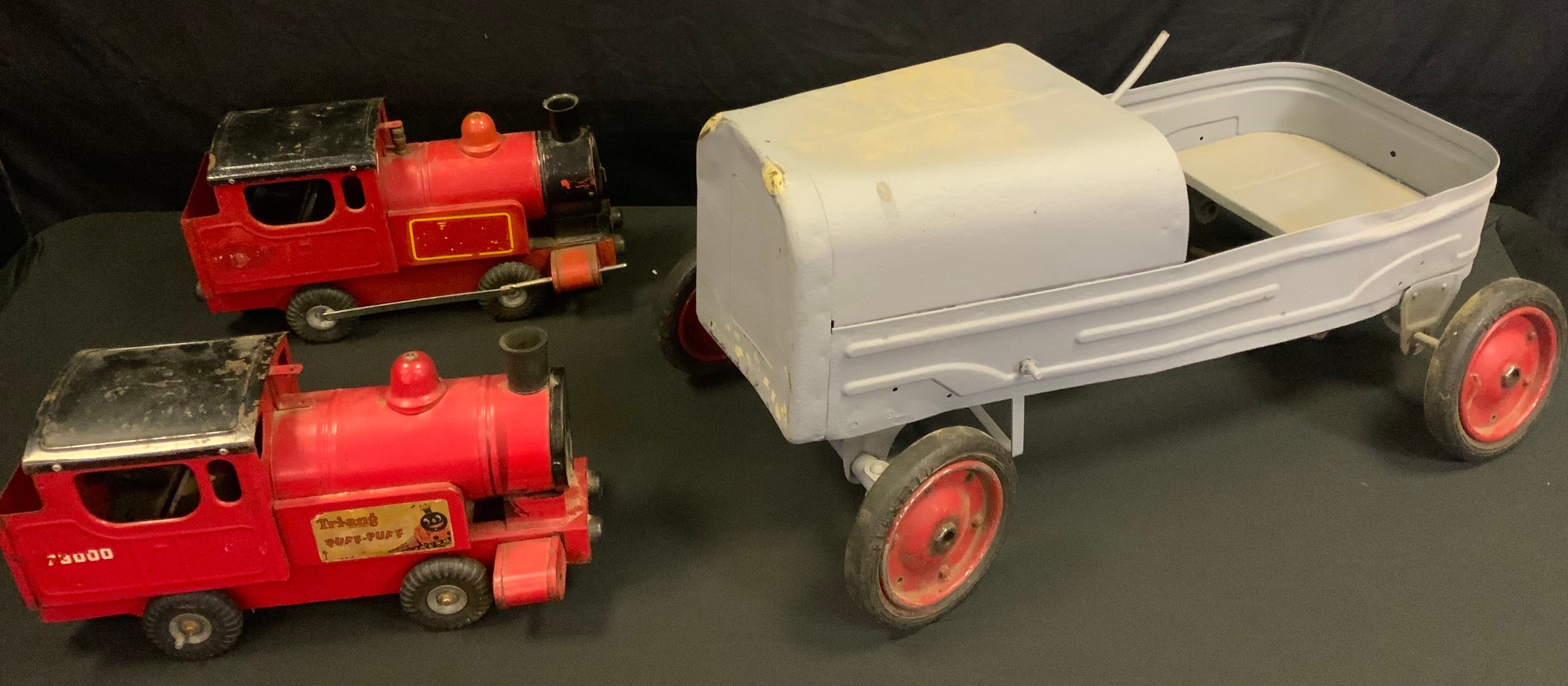 A Triang Tin Plate Puff Puff train; another; a Triang style child's pedal car (3)