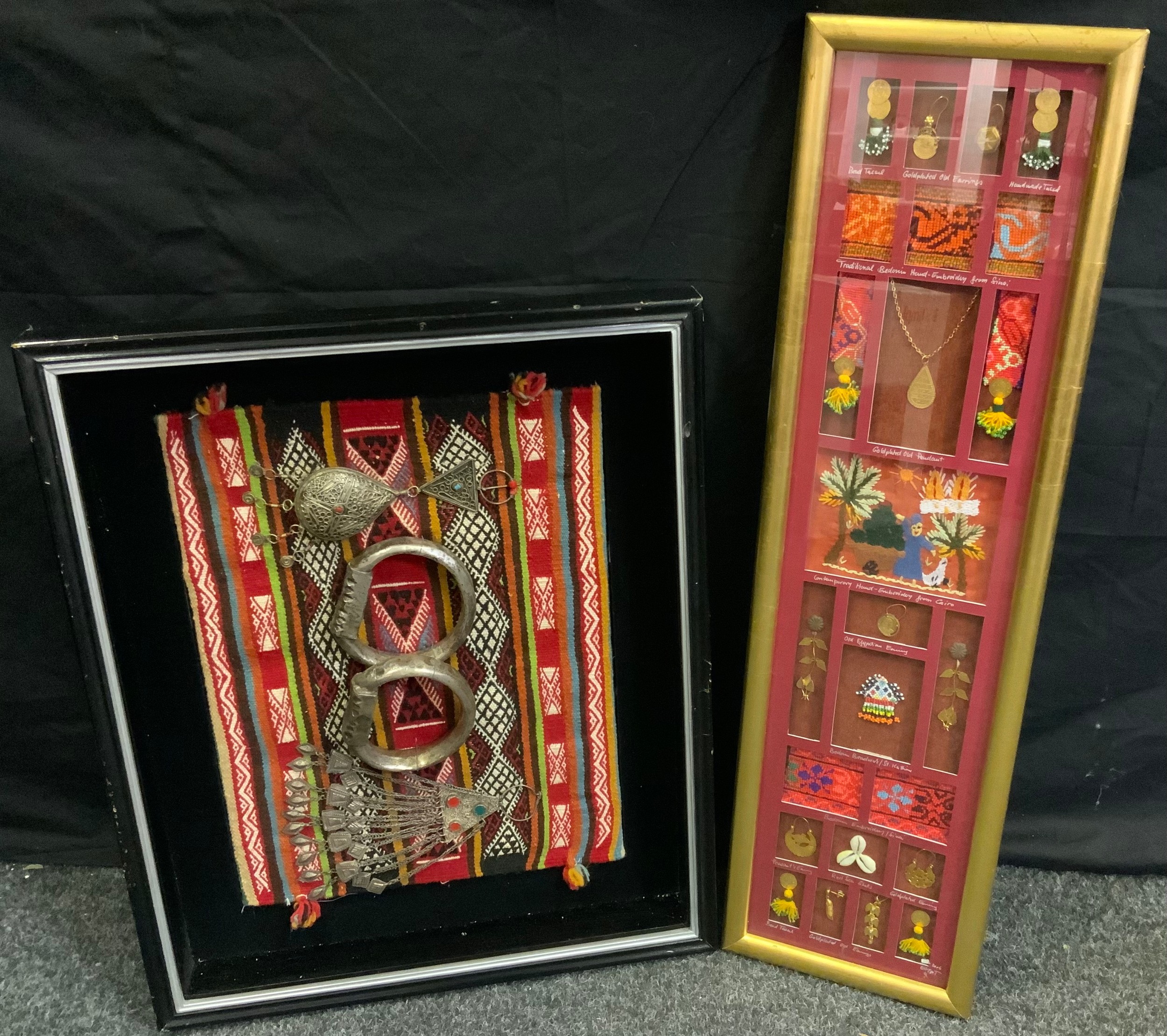 Tribal Art - Egyptian metal necklaces and other adornments, framed; Bedouin jewellery, framed (2)