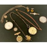 A silver open faced pocket watch; a silver Albert; a chrome pocket watch; 1977 crown; 1787 silver