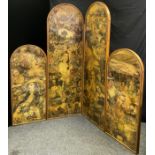 A Victorian four fold Decoupage panel scrap vanity screen, walnut frame, 129cm high x 240cm wide,