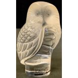 A Lalique contemporary frosted and clear glass paperweight, as an owl, 9cm high, label Lalique