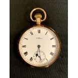A 9ct gold cased Waltham open face pocket watch, white dial, Roman numerals, subsidiary seconds,