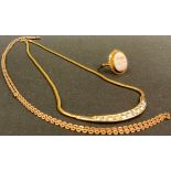 A 9ct gold cameo ring; an 18ct rolled gold necklace