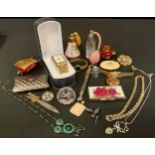 A silver mounted salt cellar; a continental silver page marker; fashion brooches; necklaces; scent