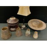 Tribal Art - a rustic bowl, 40cm diam; three graduated conical vases; a unusual 30cm high; vase,