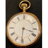 An 18ct gold open faced pocket watch, Roman numerals, the case engraved and chased with foliate