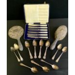 A set of three silver Old English pattern tea spoons, London 1818; others; a silver backed hair