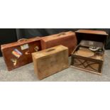 A Vintage faux crocodile leather suitcase; another two vintage suitcases; a 'His Master's Voice'