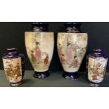 A pair of Japanese Satsuma pottery vases, painted with traditional figures, painted marks, 25cm