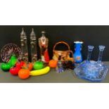 Glassware - Cranberry Cut Glass bowl; Art Deco cut glass tray ,trinket dish, a pair of candlesticks;