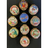 Halcyon Days Enamel Pill Boxes, Christmas 1980, 81, 83, 84, 85, 86, 87, 88, 89, 90 (10)