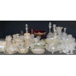 Glassware - clear glass decanters, bugs, bowls; Victorian clear and enamelled glass; coloured etc