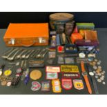 Boxes & Objects - a silver ARP badge, razors, watches, silver plate , advertising tins etc