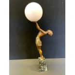 An Art Deco Spelter figural lamp base, a lady holding a globe aloft, after Balleste, 59.5cm high