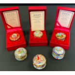 A Halcyon Days Christmas 2002 enamel pill box; others 2003,2004,2005, 2006, 2007, all boxed (6)