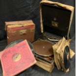 A HMV portable gramophone, model 101, serial No 72884, with outer case; records inc, Sandy Powell