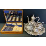 An Arthur Price silver plated canteen, for six, oak case; Victorian four piece tea set, tray ensuite