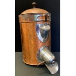 A large counter top copper coffee bean hopper, stainless steel fittings, 57cm high, 31cm diameter