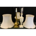 A large Alabaster table lamp; brass side light; another (3)