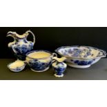 A Staffordshire Cairo pattern flow blue wash jug and bowl, chamber pot, vase and soap dish,