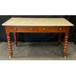 A 19th century mahogany marble-top side table, over-sailing marble-top, pair of side-by-side short