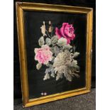 An early 20th century oriental silk embroidery, Peonies and Roses, 53cm x 41cm.