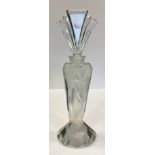 A Lalique style Art Deco frosted glass scent/perfume bottle, the triangular body decorated with