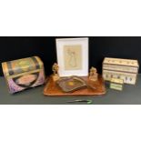 Boxes & Objects - an Edwardian inlaid oak crumb scoop & Brush; tray; Anri figures; boxes etc