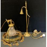 An early 20th brass ceiling light, beaded fringe, 30cm diam; a brass side light; a wall light (3)