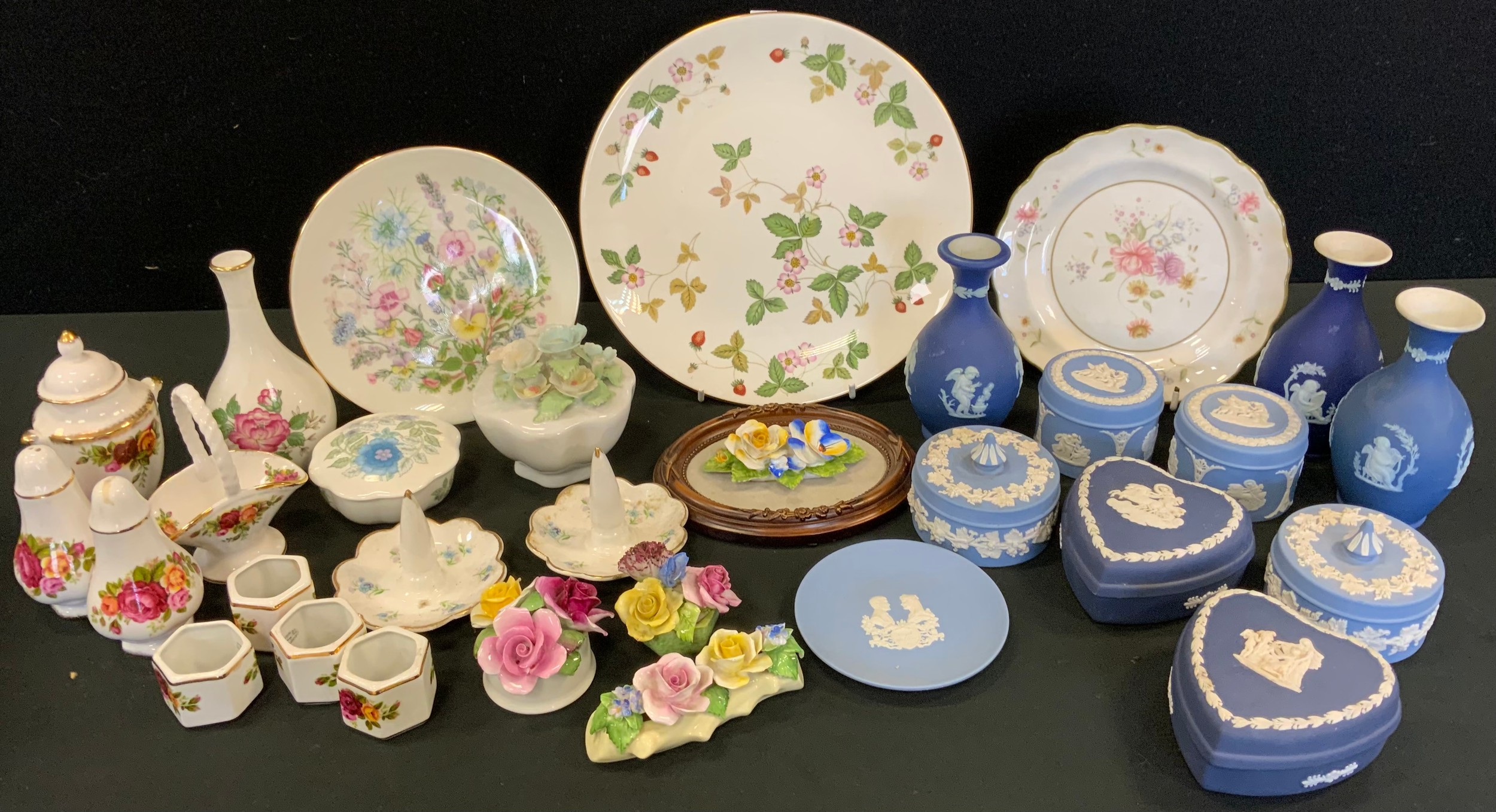 Wedgwood Blue Jasper ware vases, trinket dishes; Royal Albert Old Country Roses sale and pepper pot;