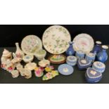 Wedgwood Blue Jasper ware vases, trinket dishes; Royal Albert Old Country Roses sale and pepper pot;