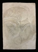 A Neoclassical plaster plaque, 'Head of a Ancient Greek soldier', 28.5cm x 19.5cm.