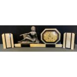 A Uriano French Art Deco three piece clock garniture, the two tone black and green onyx case mounted