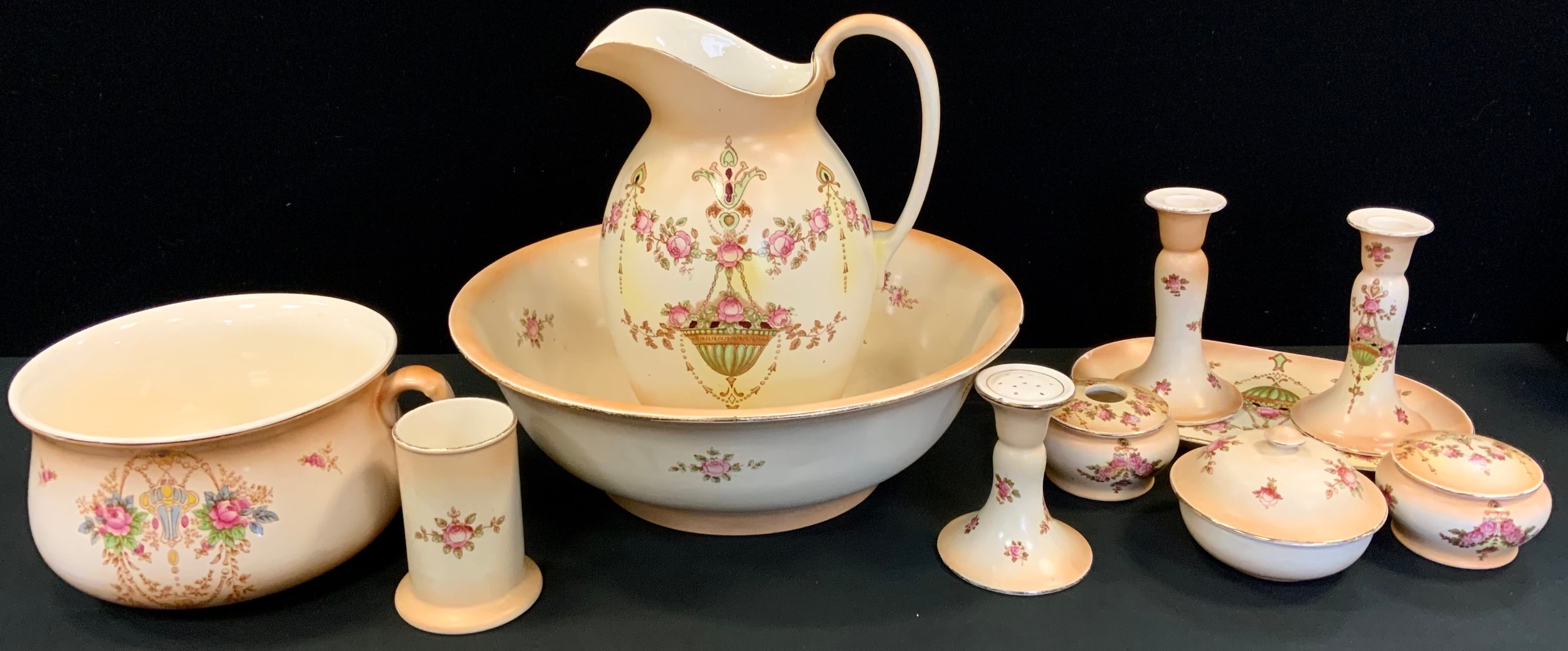 A Crown Devon Etna eleven piece washing jug and bowl set, inc candlesticks, jug, bowl, tray etc