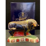 A Royal Crown Derby paperweight, Grecian Bull, gold stopper, printed marks, boxed