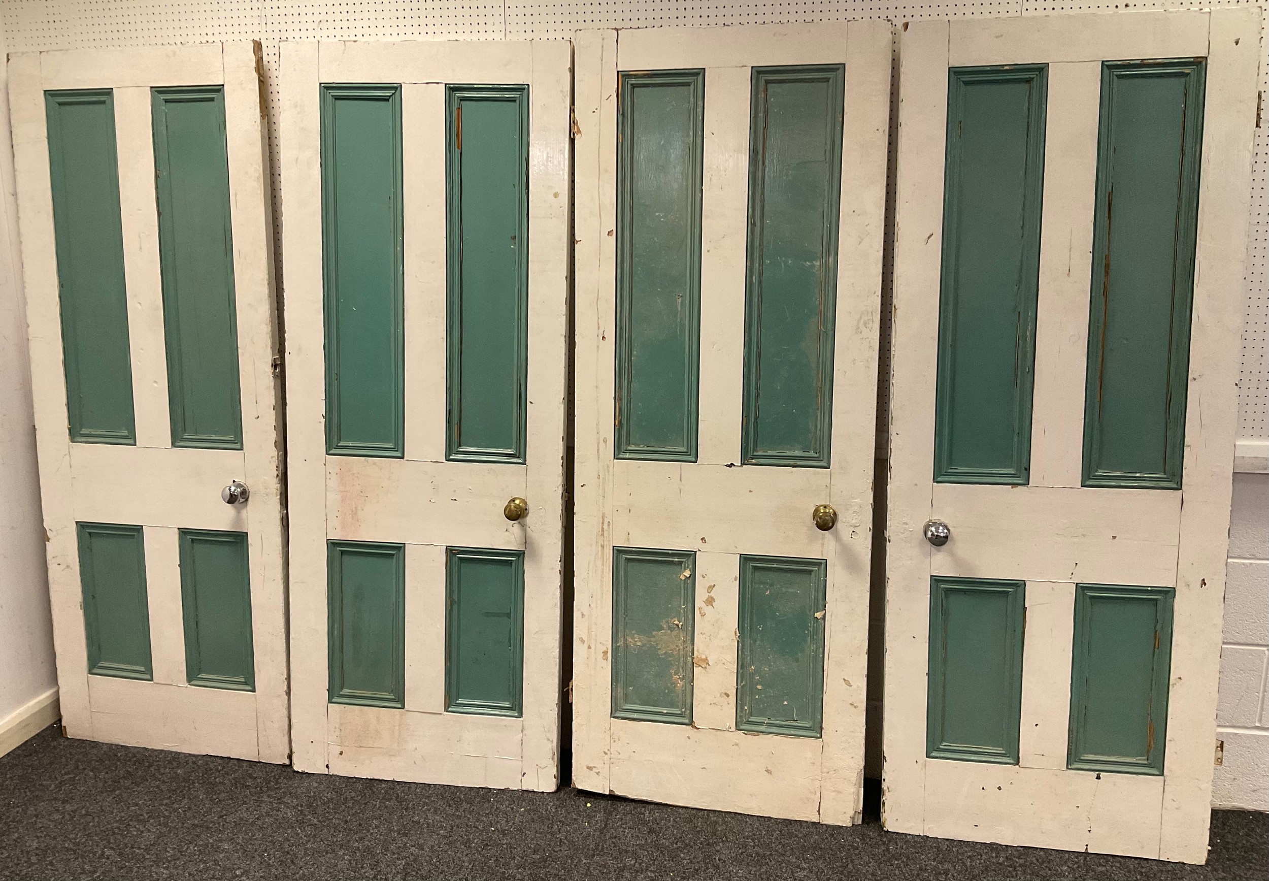 A Victorian painted pine four panel door, approx 196cm x 75cm; others conforming (4)