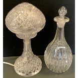 A cut glass mushroom table lamp, 31cm high; stoppered decanter (2)