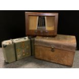 A Vintage Bush mahogany cased valve radio a/c receiver type PB-22; vintage luggage - a large tin