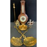 An oak barometer; a Sheffield plated chamberstick and snuffer; another, brass; a brass skillet; etc
