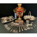 A Russian samovar, floral body; silver plated basket; flatware etc