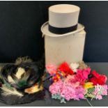 An Austin Reed grey felt top hat, 7 1/8; hair accessories, feathers; etc