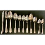 Flatware - A Victorian silver fork and spoon set, London 1872; other silver tea spoons, silver