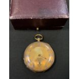 An 18ct gold cased open face pocket watch, gilt dial, Roman numerals, key wind movement, stamped