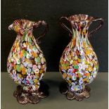 A millefiori glass twin handle vase, splayed foot, similar jug, 23.3cm high (2)