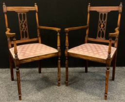 A pair of Edwardian mahogany salon chairs, satinwood inlay, pierced splats, turned supports, c.1905,