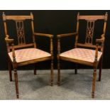 A pair of Edwardian mahogany salon chairs, satinwood inlay, pierced splats, turned supports, c.1905,