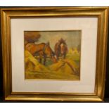 English School (early to mid 20th century) Shire Horses in a Cornfield oil on board, 31cm x 35cm